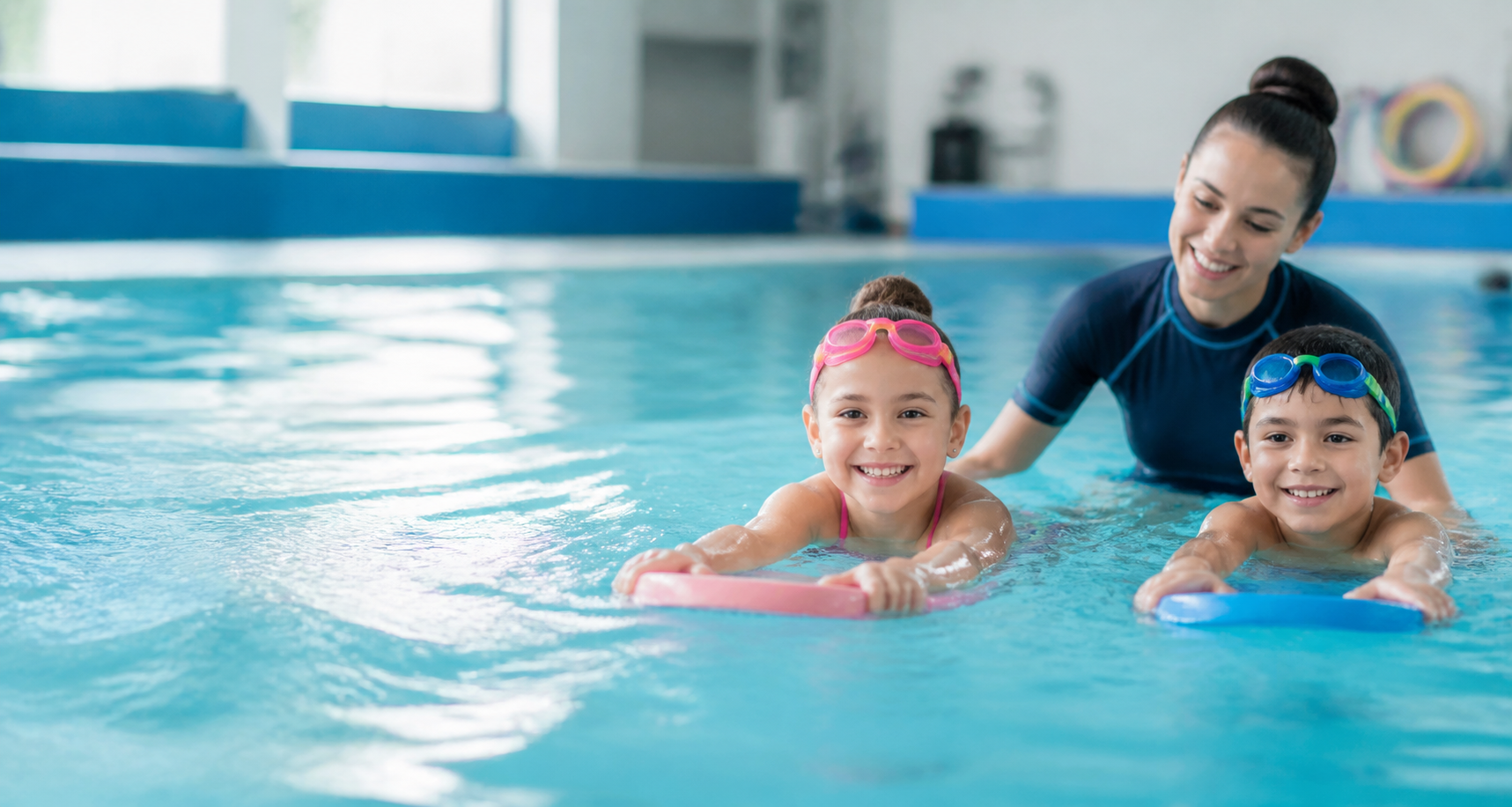 Niña y niño en clase de natación con instructora de Aquátika